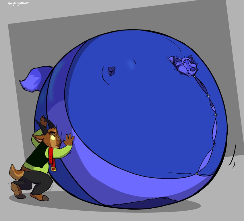 anthro belt blue_body blue_fur blue_hair blueberry_inflation body_inflation brown_body brown_fur button_(fastener) cheek_bulge clothed clothing dipstick_tail duo fur hair hooves horn immobile inflation male markings motion_lines one_eye_closed ponytail pushing rolling slightly_chubby slightly_chubby_anthro slightly_chubby_male spherical_inflation straining_buttons tail tail_markings gregthegoat lazygoatboi thoron bovid canid canine caprine fox goat mammal