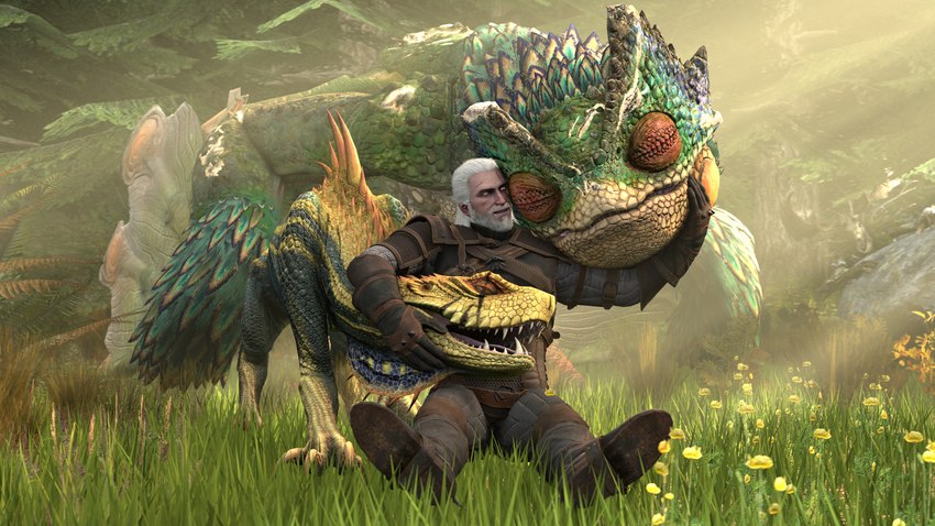 ambiguous_gender animal_skull antlers armor beard blue_body blue_scales boots claws closed_smile clothed clothed_human clothed_male clothing dorsal_ridge eye_scar eyes_closed facial_hair facial_scar feather_tuft feathered_crest feathers feral flower fluffy_feathers footwear forest forest_background grass green_body green_scales group hair head_crest horn hug leather leather_boots leather_clothing leather_footwear male markings mouth_closed mustache nature nature_background open_mouth open_smile pink_eyes plant scale_markings scaled_legs scaled_underbelly scales scar sharp_teeth shoes sitting sitting_on_ground smile teeth teeth_showing toe_claws tree trio tuft white_body white_hair white_skin yellow_body yellow_scales ivorylagiacrus capcom monster_hunter the_witcher geralt_of_rivia bird_wyvern fanged_wyvern flying_wyvern human jagras leshen mammal primatius pukei-pukei scalie 16:9 3d_(artwork) 4k absurd_res digital_media_(artwork) hi_res widescreen