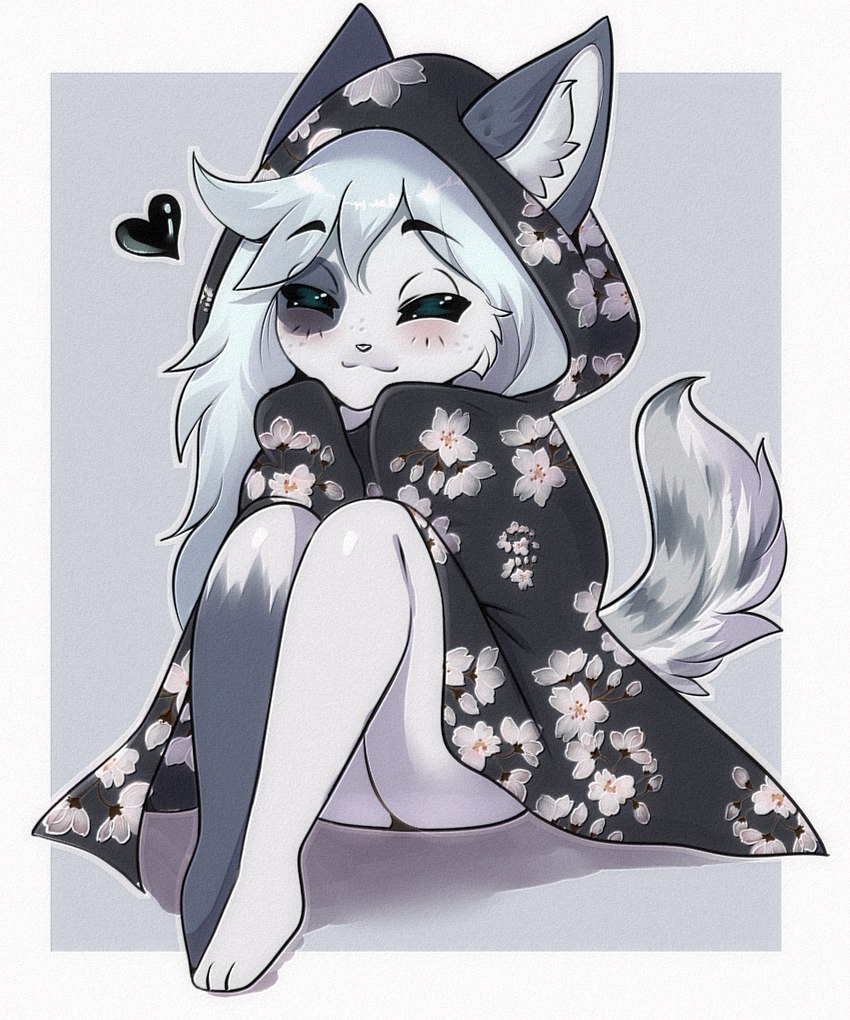 anthro bedding blanket blanket_grab blue_hair eye_spot female freckles fur hair leg_markings markings socks_(marking) solo white_body lunarii milk_(milkthefox) arctic_fox canid canine fox mammal true_fox 5:6 hi_res