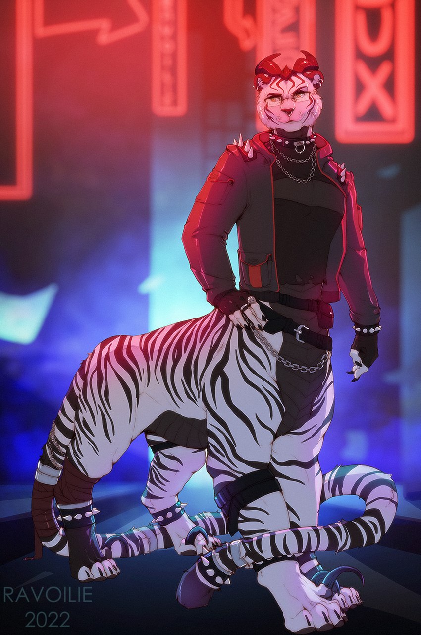 4_toes 5_fingers black_stripes eyebrows eyelashes feet fingers fur horn male solo striped_body striped_fur stripes toes white_body white_fur ravoilie felid mammal pantherine taur tiger 2022 digital_media_(artwork) hi_res