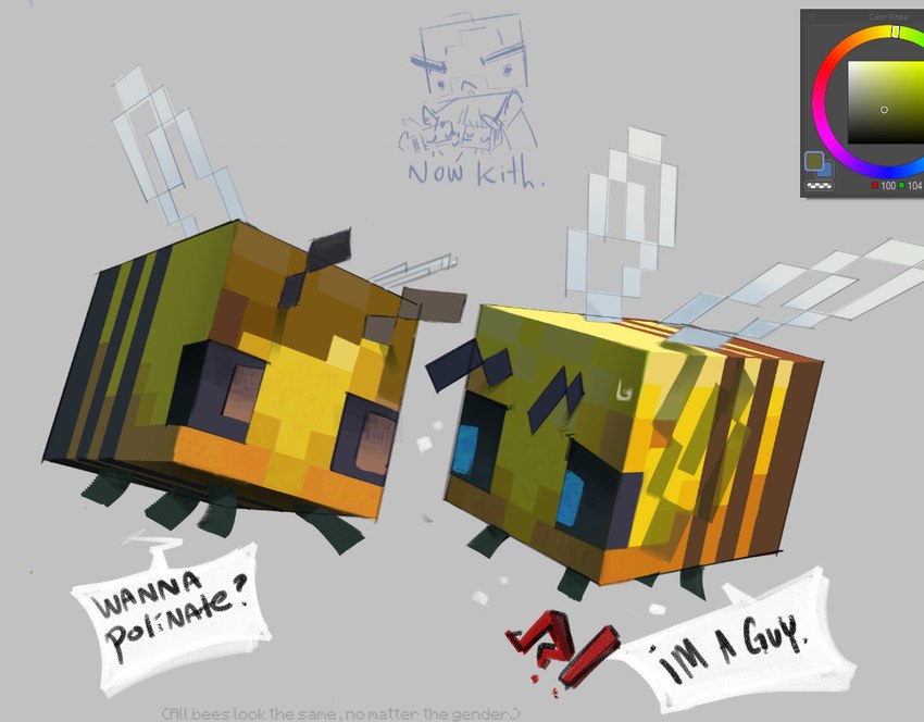 black_text blue_eyes bodily_fluids brown_eyes confusion dialogue duo feral gesture looking_at_another male male/male nervous speech_bubble suggestive suggestive_gesture sweat sweatdrop text raviolicraft clip_studio_paint_(copyright) microsoft minecraft mojang xbox_game_studios arthropod bee bee_(minecraft) hymenopteran insect digital_media_(artwork) english_text sketch