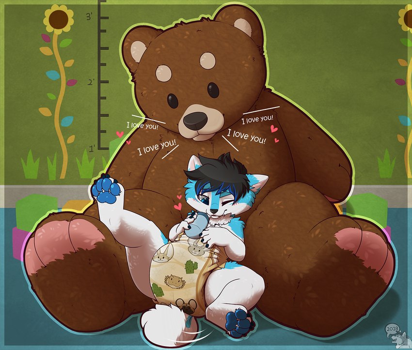 animal_plushie anthro baby_bottle bear_plushie blue_eyes blush blush_lines bodily_fluids bottle cactus_print clean_diaper clothed clothing container creature_print dialogue diaper diaper_only drinking genital_fluids head_print heart_symbol i_love_you male nursery one_eye_closed one_leg_up pattern_diaper pawpads plant_print plushie print_diaper raised_leg size_difference solo spread_legs spreading tail tail_motion tailwag talking_plushie talking_to_another teddy_bear text topless unclean_diaper urine used_diaper wearing_diaper wet_diaper young young_anthro yuniwolfsky canid canine canis domestic_dog inanimate_object mammal 2018 english_text