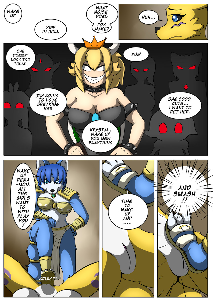 anthro bottomless clitoris clothed clothing crown dialogue female female/female female_pov first_person_view genitals group headgear pussy spread_legs spreading stepping_on_genitals stomping super_crown text crimellgrim joykill bandai_namco bowsette_meme digimon mario_bros nintendo star_fox super_smash_bros. bowser krystal_(star_fox) canid canine digimon_(species) fox humanoid mammal renamon absurd_res comic crossover english_text hi_res meme