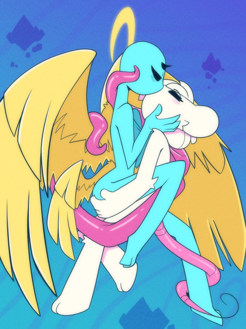 ambiguous_gender anthro blue_body blue_skin duo female floating halo happy hug intimate kiss_on_lips kissing male male/female tasteful tentacles wings whygena reggie_(whygena) angel mammal mouse murid murine rodent comic hi_res