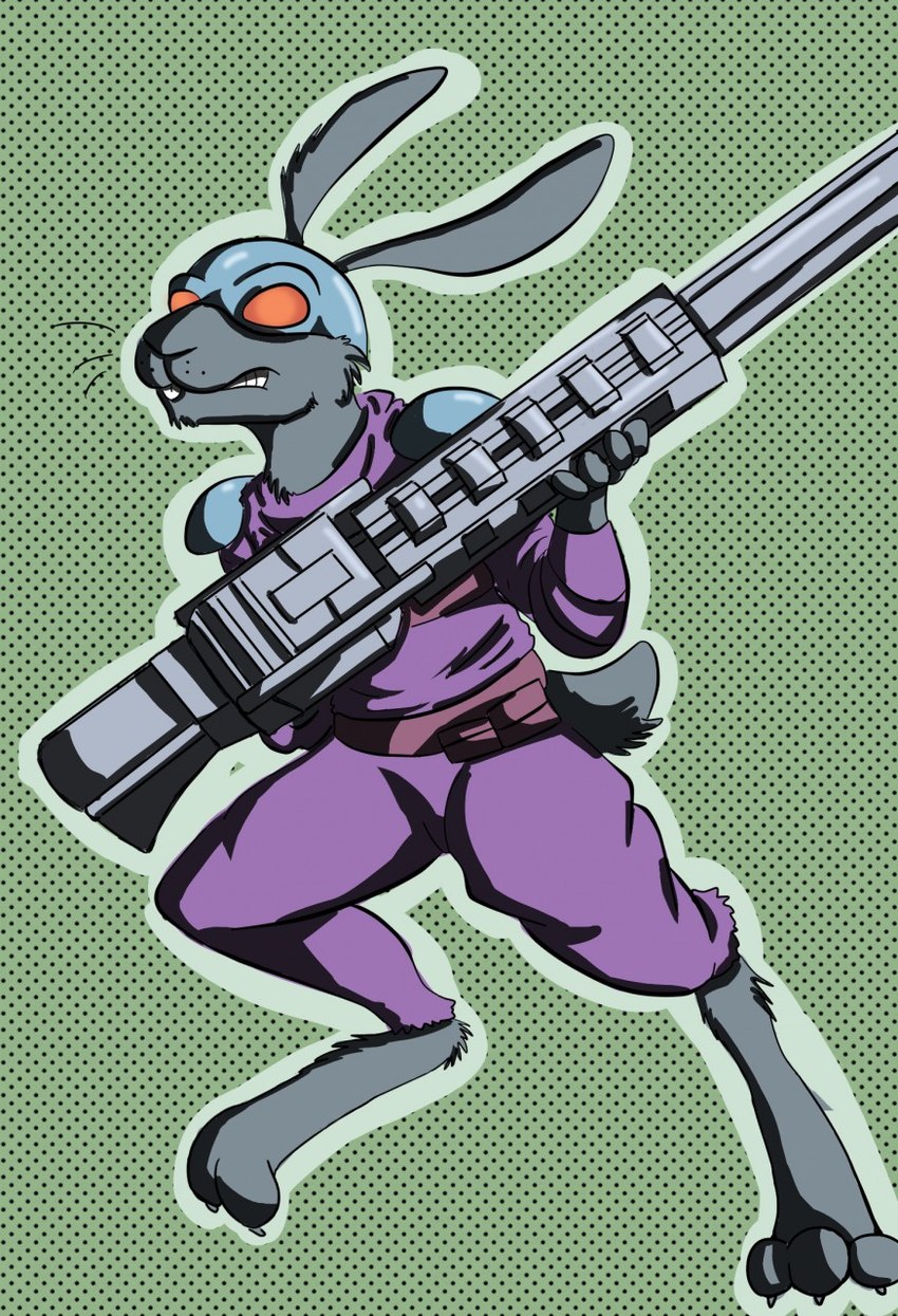 anthro clothed clothing digitigrade dotted_background fur grey_body grey_fur holding_object male mask obscured_eyes pattern_background purple_clothing purple_suit simple_background solo standing suit teeth wearing_mask whiskers bucklebunny lagomorph leporid mammal rabbit hi_res