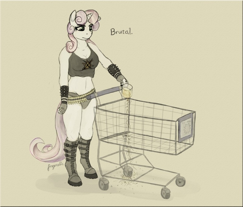 ammo_belt anthro anthrofied biped boots breasts cleavage clothed clothing eyelashes eyeshadow female fingerless_gloves food footwear gloves hair handwear holding_object horn makeup panties pouring rice shoes shopping_cart solo standing text trolley underwear angerelic friendship_is_magic hasbro metalocalypse my_little_pony mythology sweetie_belle_(mlp) equid equine mammal mythological_creature mythological_equine unicorn 2014 english_text