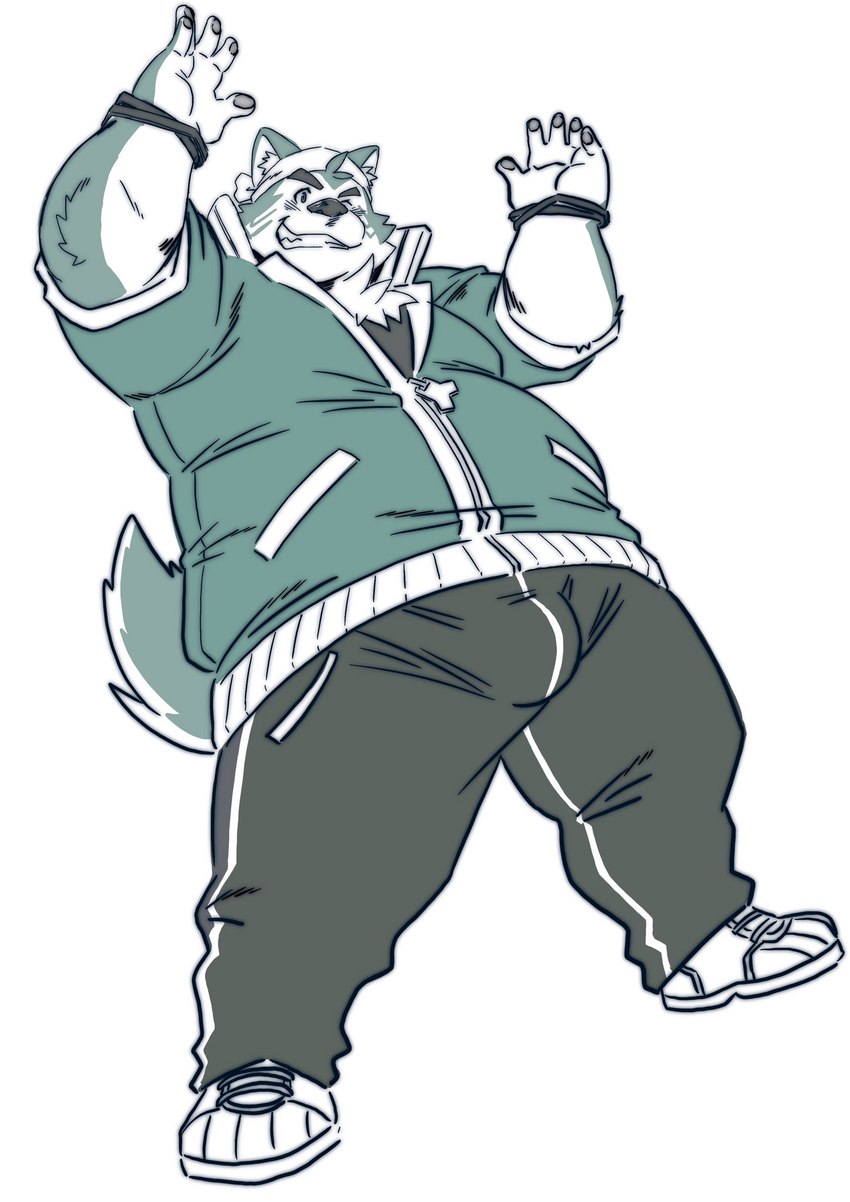 anthro belly bottomwear clothing humanoid_hands kemono male one_eye_closed overweight overweight_male pants shirt simple_background solo topwear white_background wink raozone lifewonders live_a_hero mokdai canid canine canis domestic_dog mammal 2023 hi_res