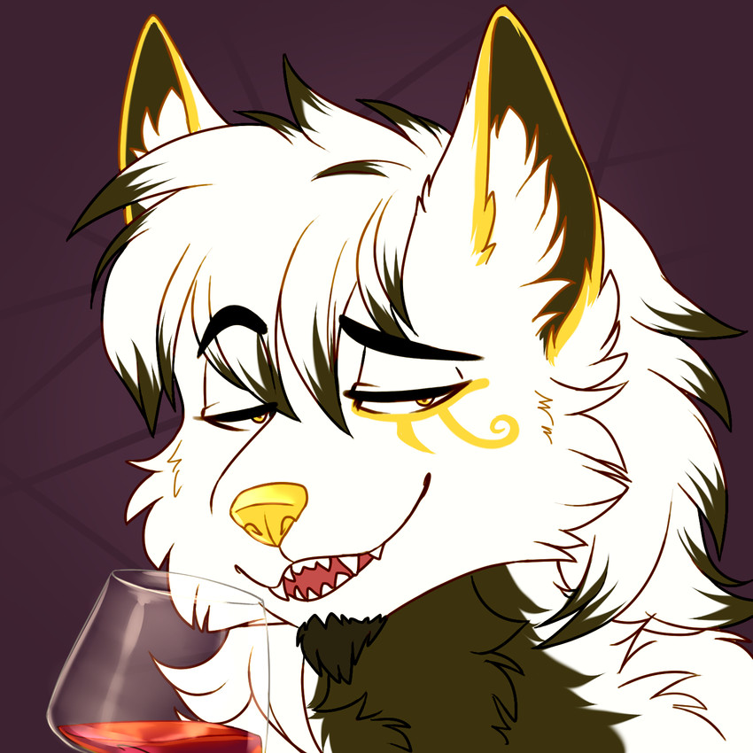 alcohol anthro beverage fur glass hair liquid looking_at_viewer male markings open_mouth simple_background smile smug solo teeth tigerinspace goldomond canid canine canis mammal wolf 1:1 digital_media_(artwork) hi_res