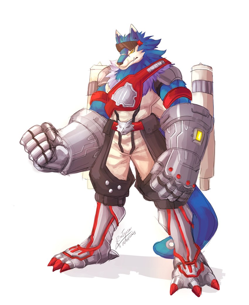 anthro blue_body blue_fur championship_belt claws eyewear eyewear_on_head fur jet_pack male muscular muscular_anthro muscular_male pecs solo sunglasses sunglasses_on_head rina_tigressa bandai_namco digimon canid canine canis digimon_(species) machgaogamon mammal wolf absurd_res hi_res