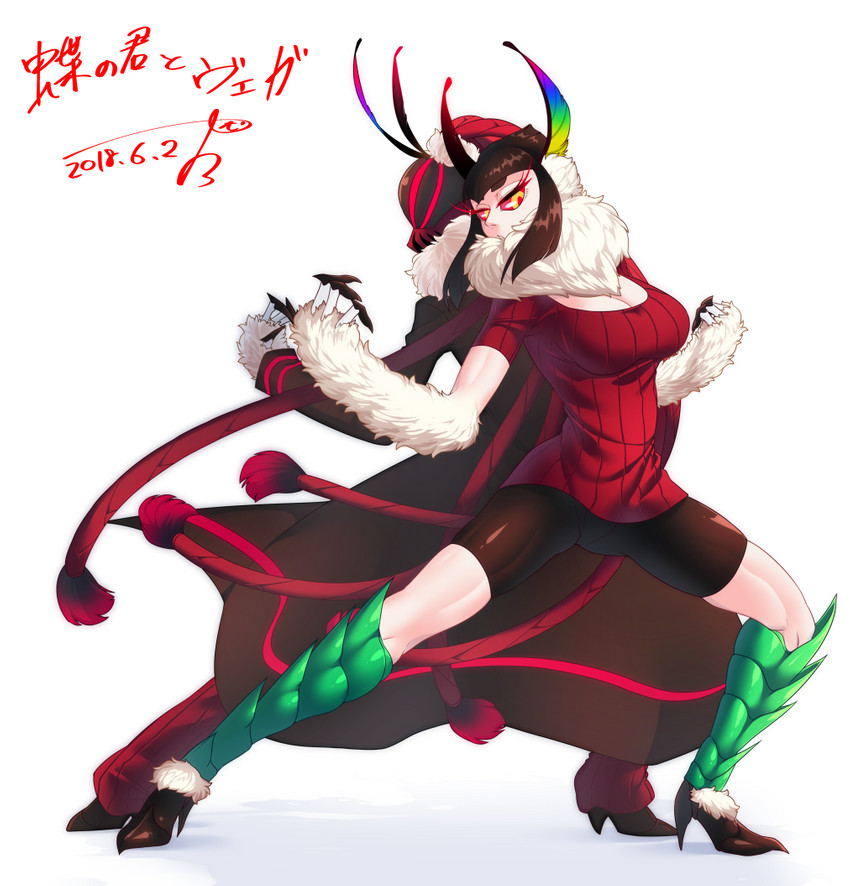 4_fingers ambiguous_gender antennae_(anatomy) big_breasts bottomwear breasts brown_hair claws cleavage clothed clothing duo female fingers fluffy footwear fur hair high_heels jacket neck_tuft pants red_sclera shoes shorts text topwear tuft white_body white_fur yellow_eyes karatachi butterfly_monarch_(karatachi) vega_(karatachi) animal_humanoid arthropod arthropod_humanoid humanoid insect insect_humanoid lepidopteran lepidopteran_humanoid moth_humanoid 2018 japanese_text signature translation_request