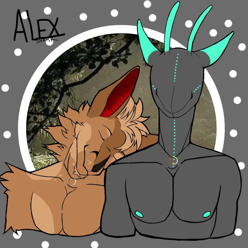 anthro duo fur male male/male romantic romantic_couple simple_background smile alex_shark coffee_(patrick_okottsu) rhi'san_(pegaso_nikame) bat canid canine fox humanoid hybrid leaf-nosed_bat mammal microbat monster vampire_bat yangochiropteran boyfriends 1:1 digital_drawing_(artwork) digital_media_(artwork) hi_res