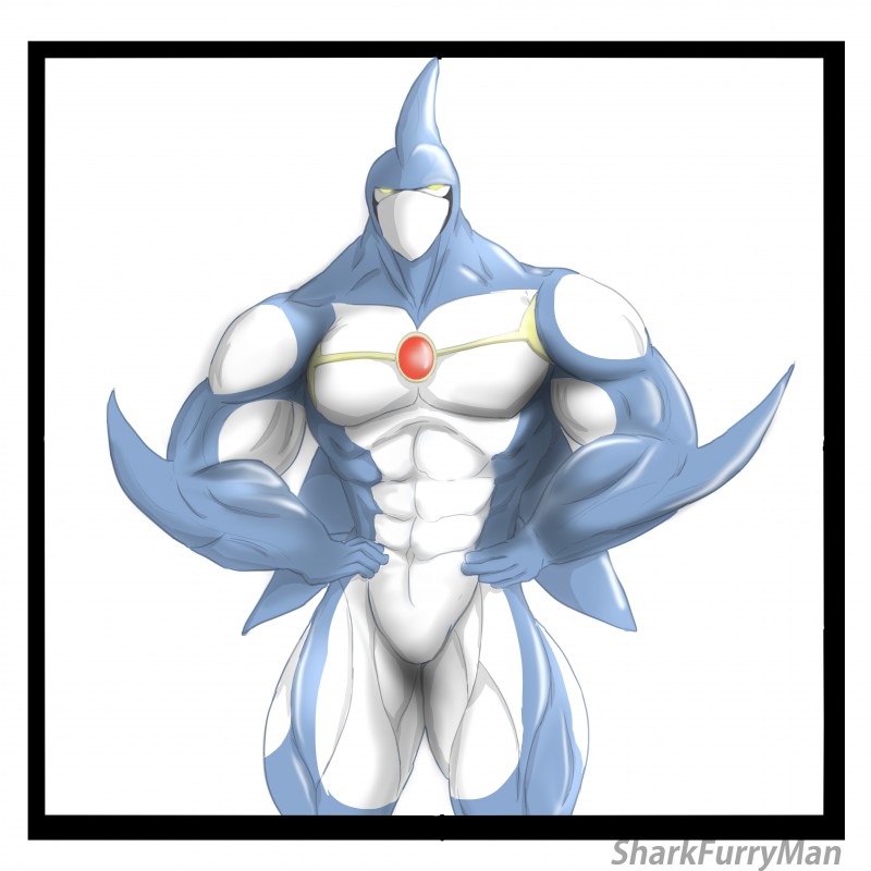 abs hero male muscular muscular_male neos nude pecs solo sharkfurryman konami yu-gi-oh! aqua elemental_hero_aqua_neos duel_monster 1:1 absurd_res hi_res