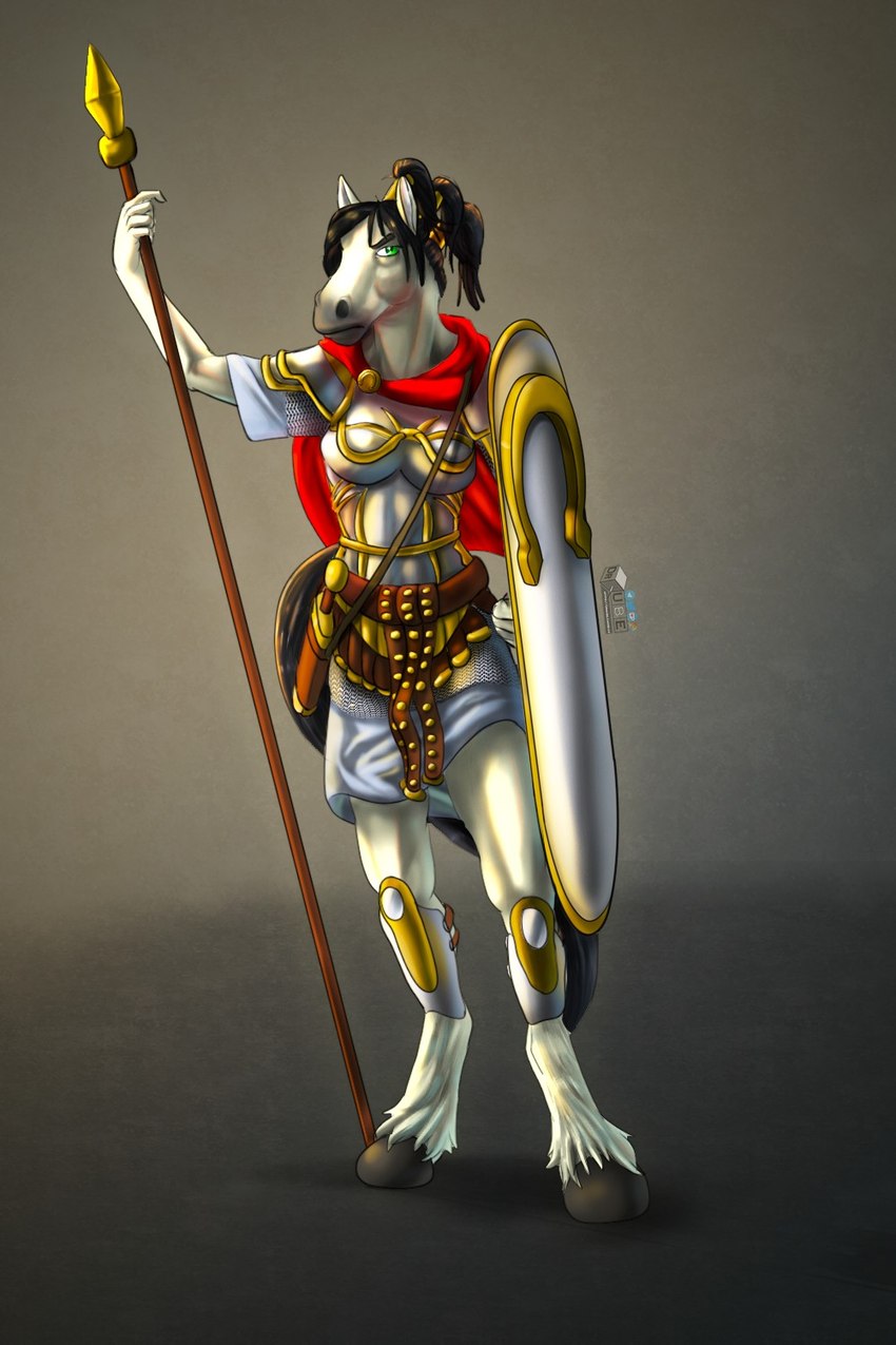 anthro armor belt black_hair black_nose bottomwear cape chainmail clothing fantasy_armor female fur gladius green_eyes hair hooves melee_weapon polearm roman_clothing roman_shield shield skirt solo spear weapon white_body white_fur drqube equid equine horse mammal 2:3 hi_res