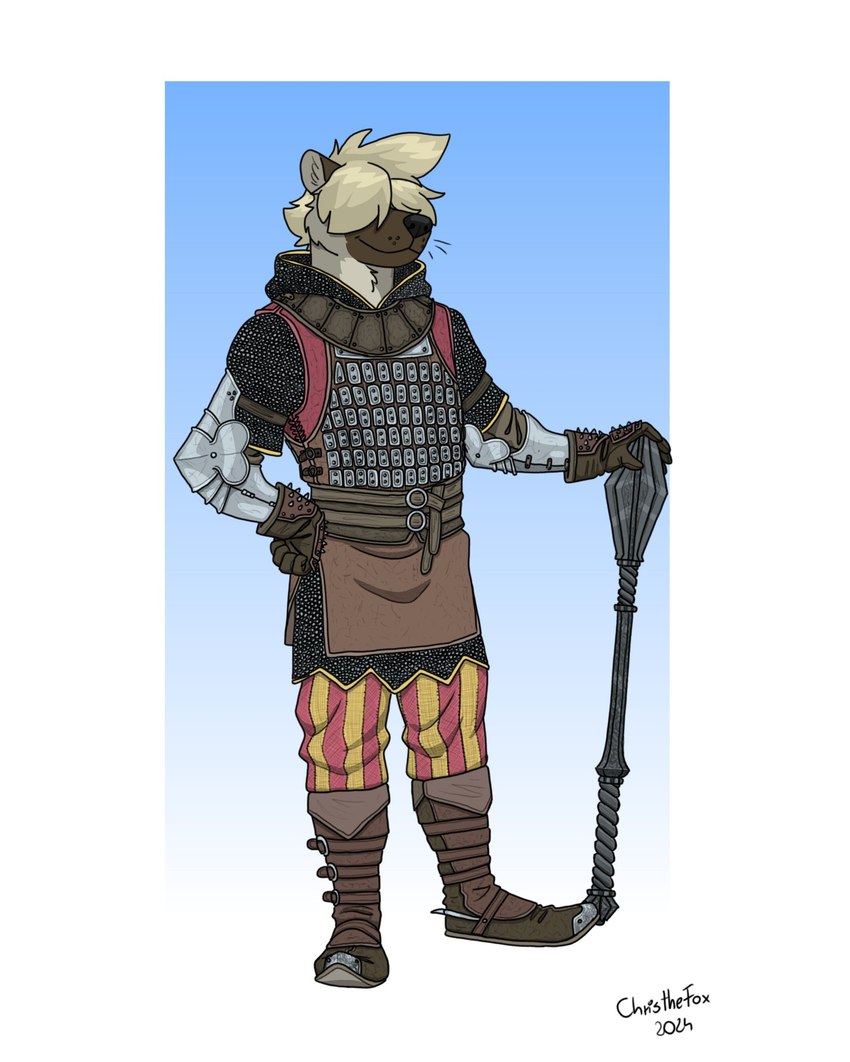 anthro belt blonde_hair boots clothing club_(weapon) ears_up footwear fur gloves grey_body grey_fur hair hair_over_eyes handwear holding_object holding_weapon leather leather_boots leather_clothing leather_footwear leather_gloves leather_handwear male medieval medieval_armor medieval_clothing melee_weapon shoes smile solo weapon bartek22 mawkvlt mawkvlt_yeen hyena mammal hi_res