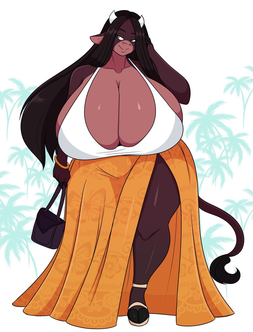 anthro big_breasts breasts clothing female hair huge_breasts purse solo jwinkz summer_(jwinkz) bovid bovine cattle mammal absurd_res hi_res