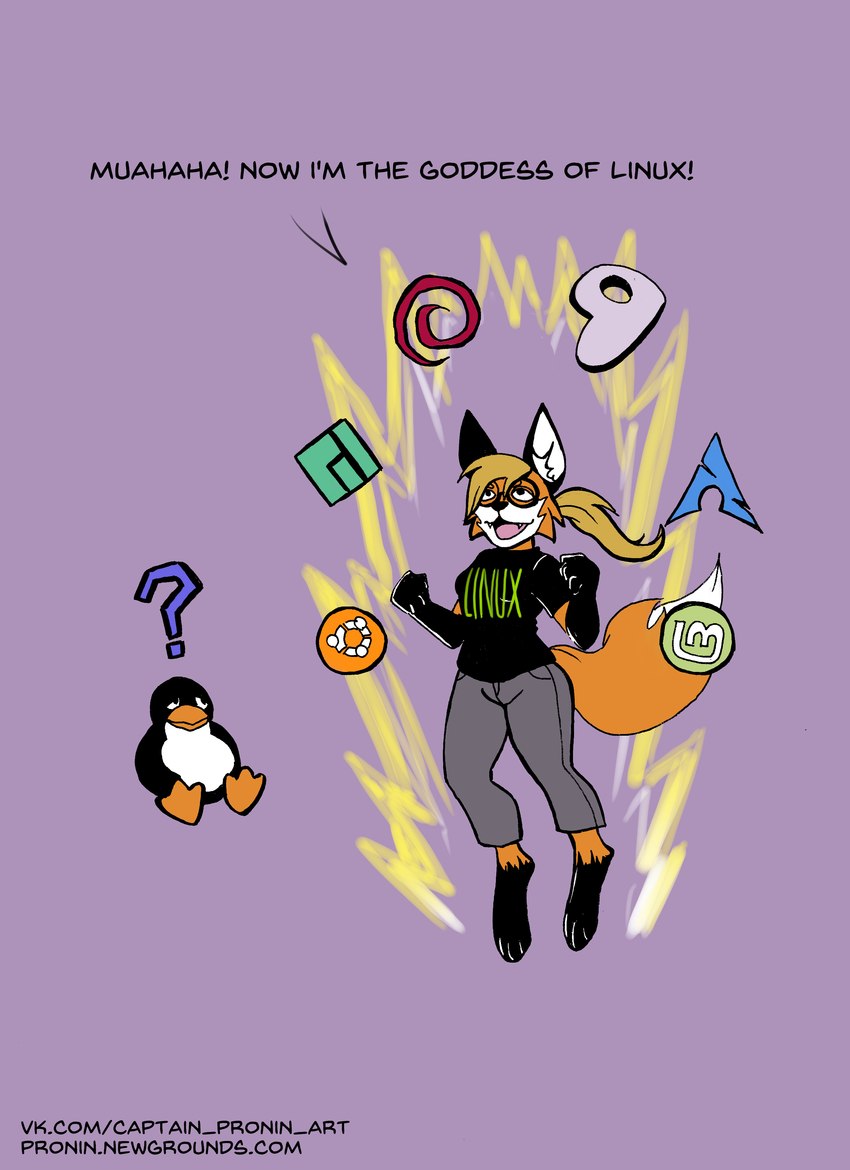 3_toes ambiguous_gender anthro barefoot beak black_body black_clothing black_fur black_nose black_shirt black_topwear blonde_hair bottomwear breasts clothed clothing countershade_face countershade_fur countershade_tail countershade_torso countershading dialogue dipstick_tail duo eyewear fangs feet female fully_clothed fur glasses grey_bottomwear grey_clothing grey_pants hair inner_ear_fluff larger_female laugh levitation markings mascot medium_breasts membrane_(anatomy) nude open_mouth orange_body orange_fur pants ponytail purple_background question_mark round_glasses shirt simple_background sitting size_difference smaller_ambiguous tail tail_markings teeth text text_on_clothing text_on_shirt text_on_topwear toes tongue topwear tuft wearing_glasses webbed_feet white_body white_countershading white_fur pr0nin arch_linux cc-by-nc creative_commons debian gentoo linux linux_mint manjaro ubuntu tux_(linux) xenia_(linux) avian bird canid canine fox mammal penguin absurd_res english_text hi_res url trans_(lore) trans_woman_(lore)