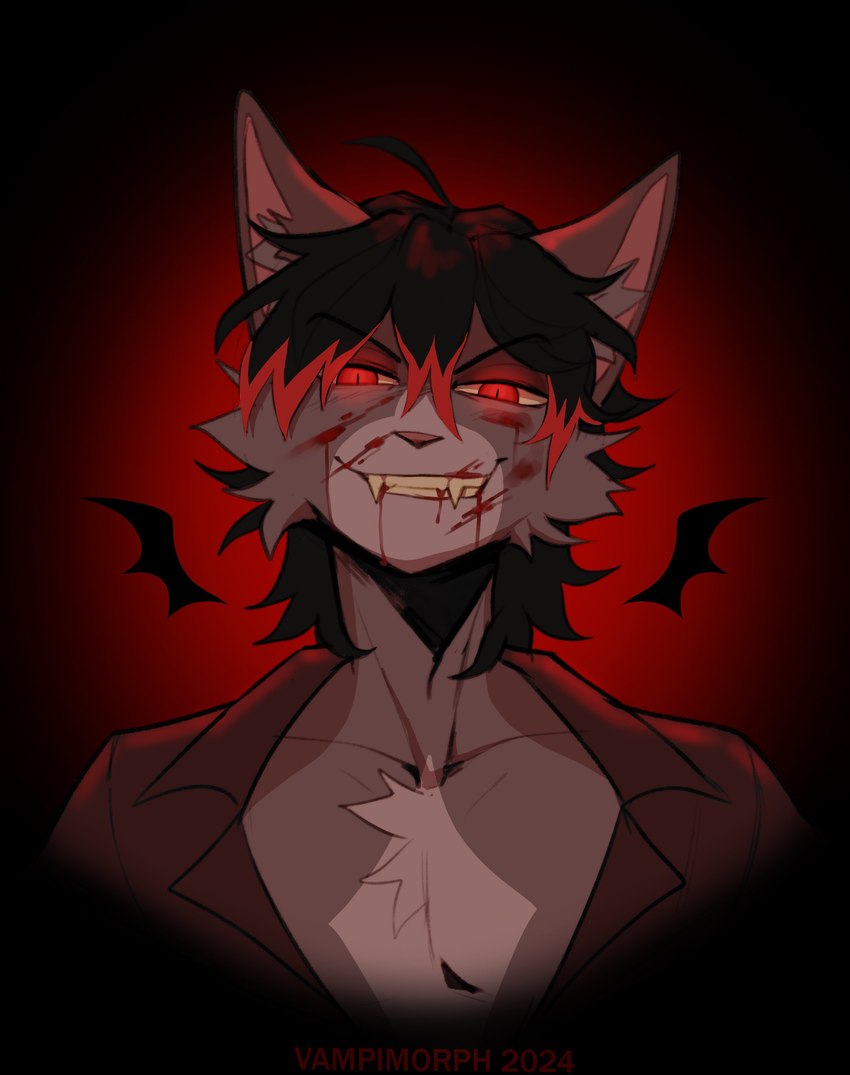 anthro black_hair blood blood_from_mouth blood_in_mouth bodily_fluids bruised bruised_face dark_room fur glowing glowing_eyes grey_body grey_fur hair looking_at_viewer male potrait red_eyes red_hair_tips sharp_fangs smile smiling_at_viewer solo vampimorph canid canine canis mammal vampire wolf absurd_res hi_res