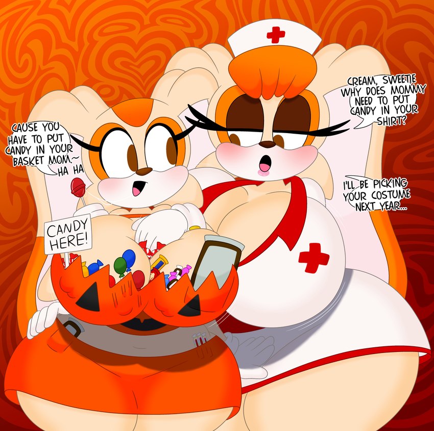 abstract_background age_difference anthro big_breasts big_ears blush bodily_fluids bottomwear bouncing_breasts breast_jiggle breasts brown_eyes candy candy_bar cleavage clothed clothing curvy_figure dessert dialogue duo eyelashes female female_anthro fingers floppy_ears food fur gloves hair hand_in_cleavage hand_on_another's_hip hand_on_hip handwear hat headgear headwear holidays hourglass_figure huge_breasts jack-o'-lantern jiggling lipstick lollipop long_ears makeup mature_anthro mature_female mint_(candy) motion_lines multicolored_body multicolored_fur navel nurse_clothing nurse_hat nurse_headwear nurse_uniform older_anthro older_female open_mouth orange_body orange_clothing orange_fur orange_hair pink_lipstick pumpkin_belly pumpkin_breasts red_cross saliva saliva_string short_hair sign simple_background skirt small_waist smile tan_body tan_fur text thick_thighs tongue uniform voluptuous white_clothing white_gloves white_handwear wide_hips younger_anthro younger_female 3barts halloween sega sonic_the_hedgehog_(series) cream_the_rabbit vanilla_the_rabbit lagomorph leporid mammal rabbit 2023 absurd_res digital_drawing_(artwork) digital_media_(artwork) english_text hi_res daughter_(lore) mother_(lore) mother_and_child_(lore) mother_and_daughter_(lore) parent_(lore) parent_and_child_(lore) parent_and_daughter_(lore)