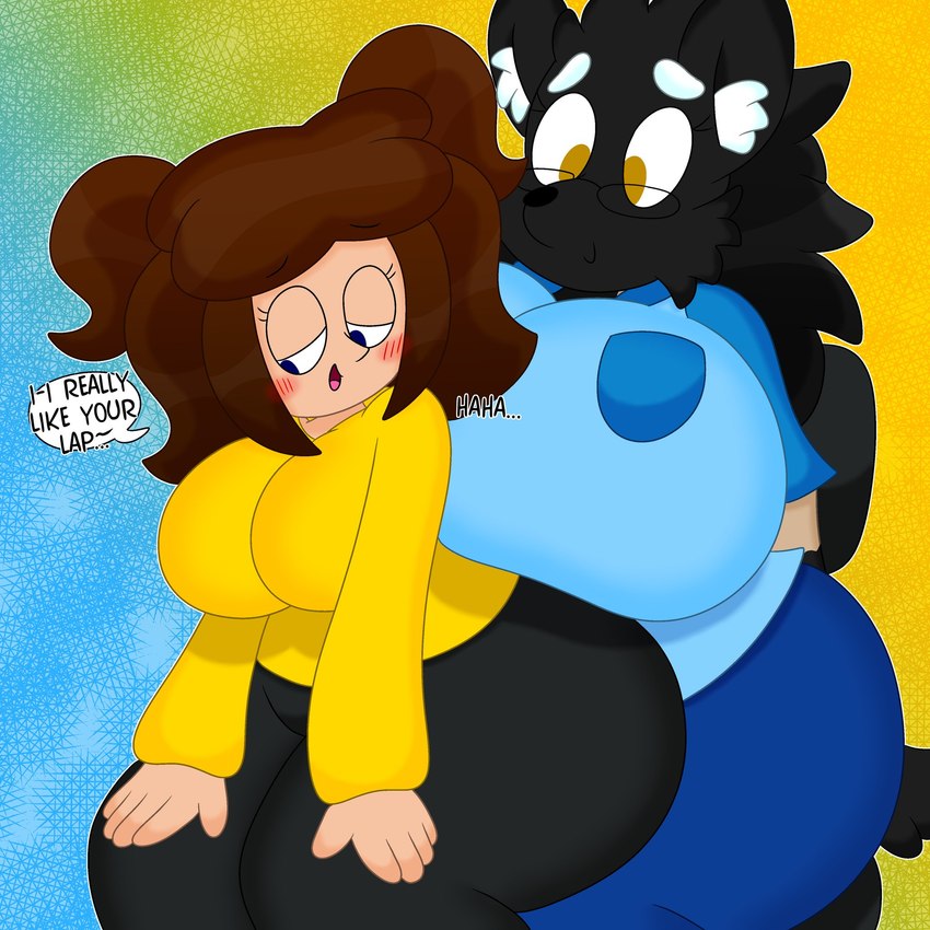 anthro big_breasts big_butt black_body black_fur black_hair blue_eyes blush breast_squish breasts brown_hair butt curvy_figure dialogue duo eyelashes eyewear female female/female female_on_anthro female_on_human fingers fur glasses hair hourglass_figure huge_breasts huge_butt human_on_anthro hyper hyper_breasts hyper_butt inner_ear_fluff interspecies looking_aside on_lap pigtails simple_background sitting sitting_on_lap smile squish tan_body tan_skin text thick_thighs tongue tuft voluptuous wide_hips yellow_eyes 3barts cycilla jess_(3barts) canid canine canis human mammal wolf 1:1 2021 digital_media_(artwork) english_text hi_res