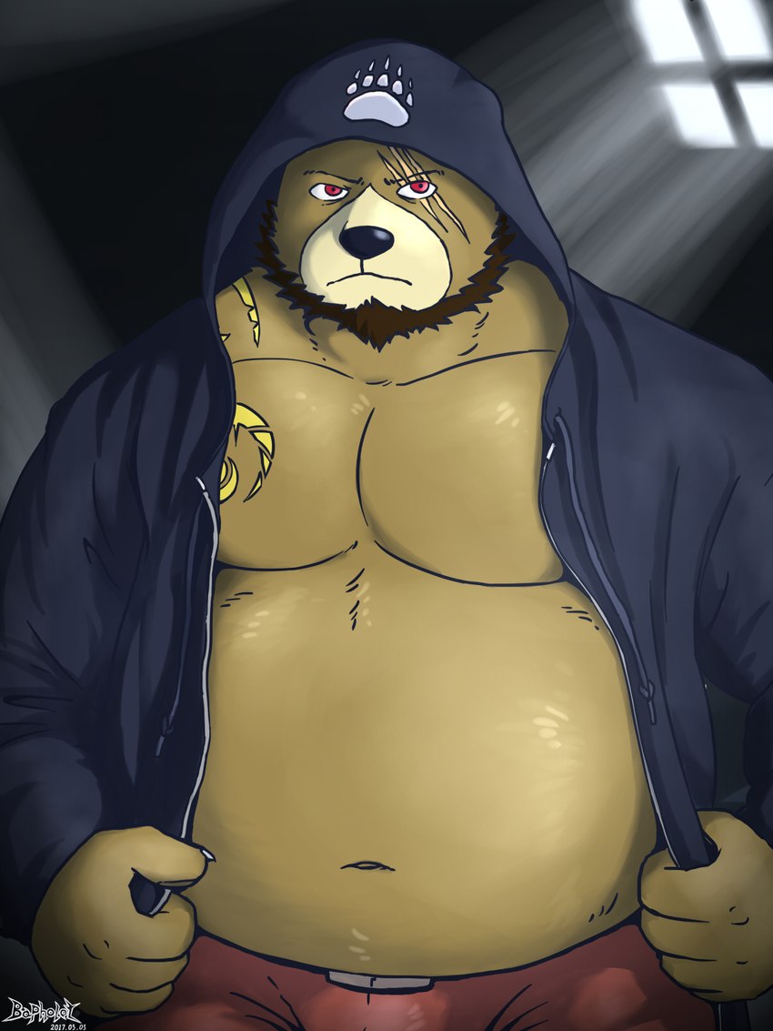 anthro beard belly big_belly black_nose bottomwear clothed clothing facial_hair hoodie humanoid_hands kemono male moobs navel open_clothing open_hoodie open_topwear overweight overweight_male scar shorts solo tattoo topwear mtflying30371 bear mammal 2017 3:4 hi_res