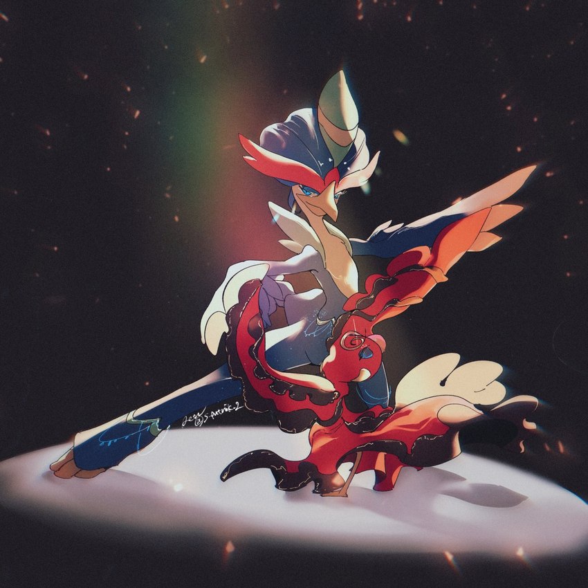 4_toes ambiguous_gender anisodactyl anthro beak blue_body blue_feathers dancing duo feathers feet feral red_body red_feathers toes s_putnik_2 nintendo pokemon avian baile_oricorio generation_7_pokemon generation_9_pokemon oricorio pokemon_(species) quaquaval 1:1 hi_res