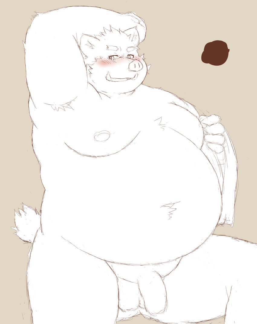 anthro armpit_hair balls belly big_belly blush body_hair flaccid foreskin genitals humanoid_genitalia humanoid_hands humanoid_penis kemono male moobs nipples overweight overweight_male penis solo towel ibuki_haruno mammal suid suina sus_(pig) wild_boar 2022 hi_res