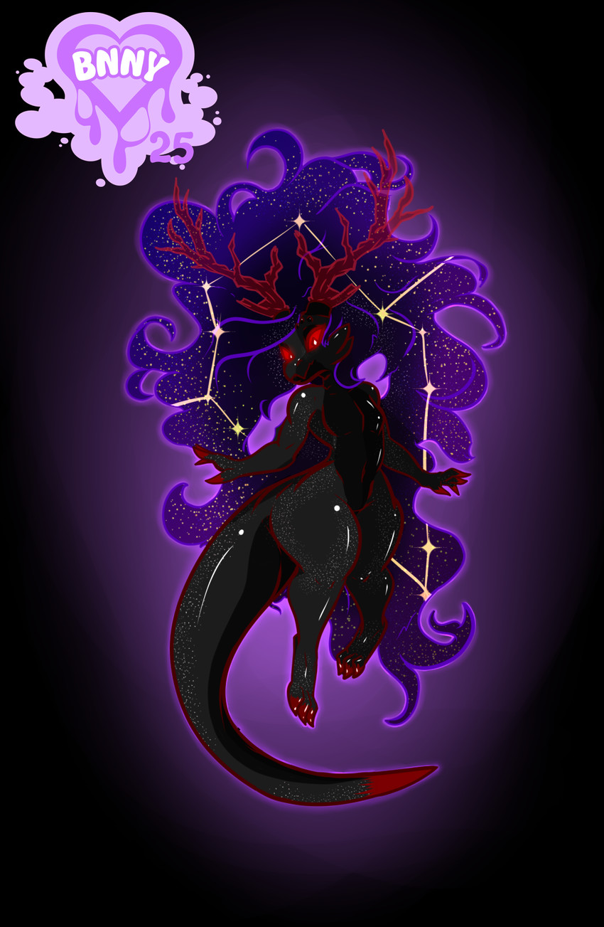 ambiguous_gender anthro biped black_body constellation_markings crystal crystal_horn front_view glowing glowing_eyes hair muscular null pseudo_hair pseudo_horn pupils purple_hair red_eyes shortstack smoke smoke_hair solo star white_pupils wide_hips succubusbnny mythology kobold mythological_creature scalie hi_res