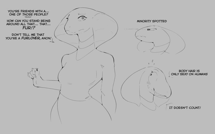 anthro blush blush_lines bodily_fluids female racism snake_hood solo speciesism sweat sweatdrop text anonymous_artist unknown_artist cobra reptile scalie snake english_text hi_res monochrome