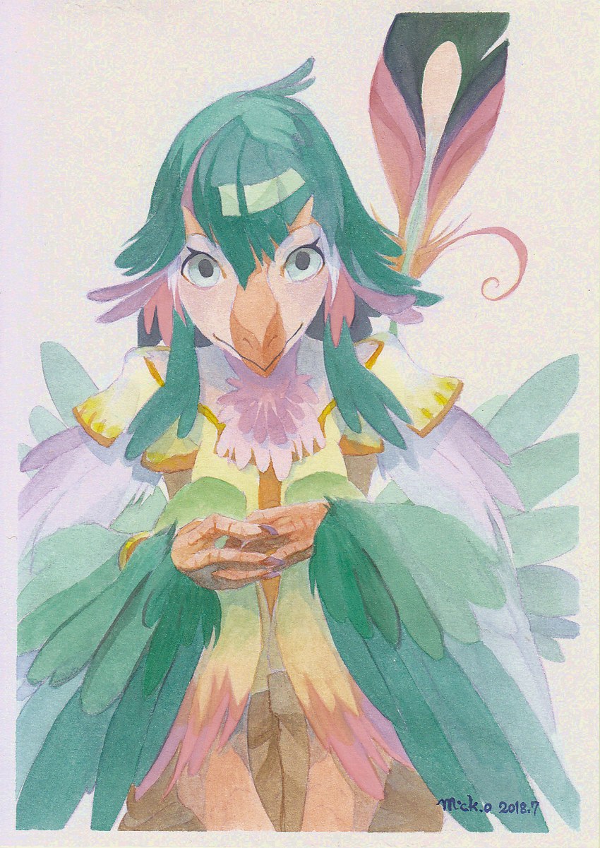 4_fingers ambiguous_gender anthro beak biped border bottomwear claws closed_smile clothed clothing digitigrade eyelashes feather_hair feathered_tail feathered_wings feathers finger_claws fingers front_view fully_clothed green_body green_feathers grey_eyes looking_at_viewer mouth_closed neck_tuft orange_beak pink_body pink_feathers pseudo_hair scuted_hands scutes shirt shorts simple_background sitting smile solo tail topwear tuft vilous_universe white_background winged_arms wings mick39 vilous avian nevrean 2018 hi_res painting_(artwork) signature traditional_media_(artwork) watercolor_(artwork) male_(lore)