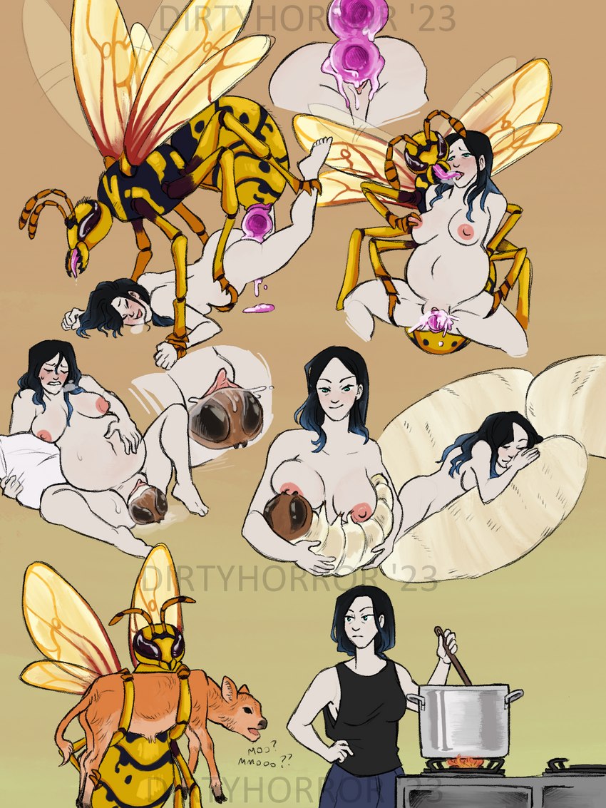 4_wings anthro appliance baby bestiality black_chitin black_hair breastfeeding breasts clothing cooking duo egg egg_insertion female female/female feral fire from_behind_position genitals hair larva multi_wing nipple_fetish nipple_play nipples oviposition pale_skin penetration pillow pussy sex simple_background stove translucent translucent_wings vaginal vaginal_penetration wings yellow_chitin young dirtyhorror arthropod bovid bovine cattle grub_(insect) human hymenopteran insect mammal wasp 3:4 hi_res