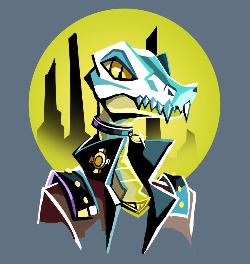 ambiguous_gender anthro choker clothed clothing fangs jacket jewelry mask necklace pupils sharp_teeth skull_mask slit_pupils solo teeth topwear artsyrobo drawfee_(copyright) neopets fonts_(karina_farek) halloween_neopet hissi_(neopets) neopet_(species) reptile scalie snake hi_res