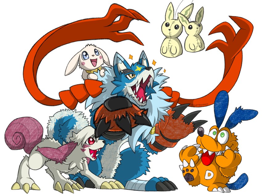 ambiguous_gender anthro blue_body blue_fur claws clothing feral fur gloves group handwear orange_body orange_fur quadruped sharp_teeth simple_background teeth tongue toony white_background white_body white_fur portugueselynx bandai_namco digimon digimon_(species) dogmon gaogamon labramon salamon 4:3