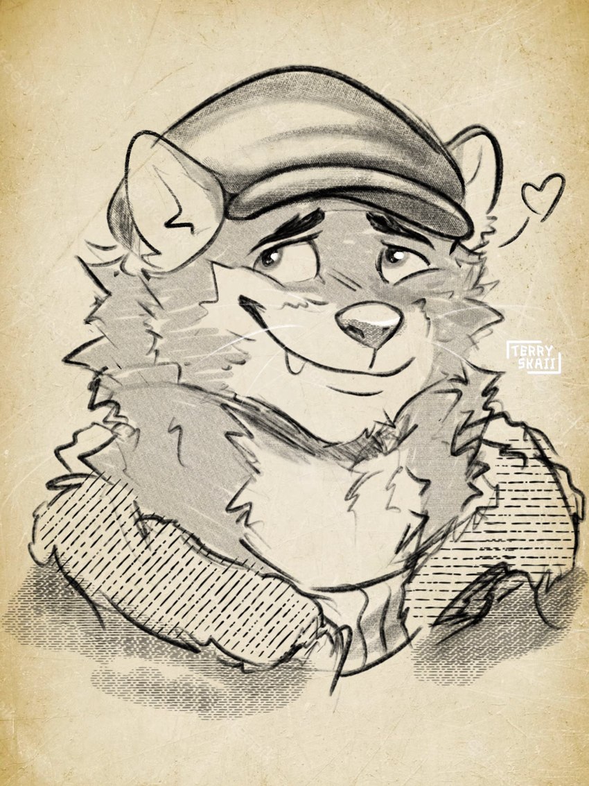 anthro clothed clothing happy hatwear headgear headwear heart_symbol looking_up male smile solo text terryskaii_(artist) blacksad weekly mammal mustelid musteline true_musteline weasel 3:4 english_text hi_res sketch