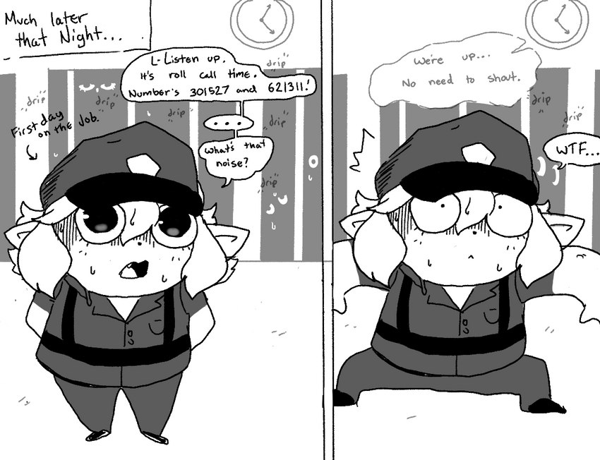 chibi clothing dialogue female police police_uniform prison prison_bars shocked short_stack simple_background solo speech_bubble text time_skip uniform khrunkisillegal abby_(khrunkisillegal) gremlin humanoid english_text monochrome