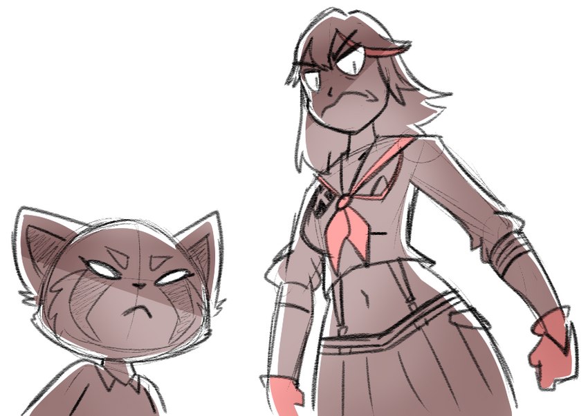 angry anthro bottomwear clothed clothing duo female frown gloves hair handwear looking_at_viewer looking_down looking_down_at_viewer low-angle_view midriff school_uniform simple_background skirt topwear uniform voice_actor_joke white_background potoobrigham aggretsuko kill_la_kill sanrio studio_trigger retsuko ryuko_matoi senketsu ailurid human mammal red_panda 2018 crossover sketch