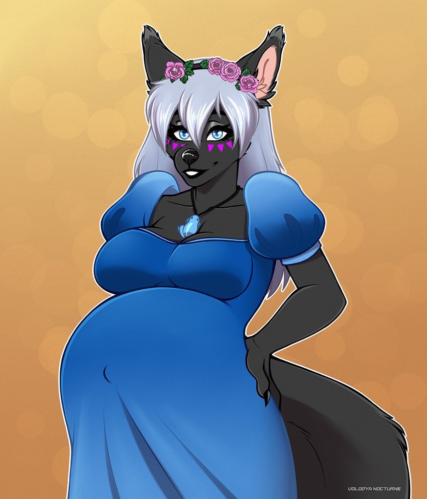 accessory anthro belly big_belly blue_clothing blue_dress blue_eyes breasts clothing dress female fluffy_ears hair headband long_dress long_hair pregnant smile solo white_hair volodyanocturne canid canine canis mammal wolf hi_res