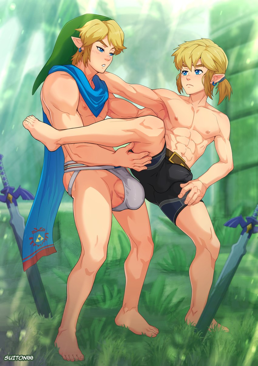 abs blonde_hair bulge clothing duo genitals grass hair humanoid_on_humanoid humanoid_pointy_ears light_body light_skin male male/male master_sword melee_weapon muscular muscular_humanoid muscular_male nipples not_furry palm_tree penis plant pointy_ears selfcest square_crossover sword tree weapon suiton00 breath_of_the_wild hyrule_warriors nintendo the_legend_of_zelda link elf humanoid hylian 2023 absurd_res hi_res signature