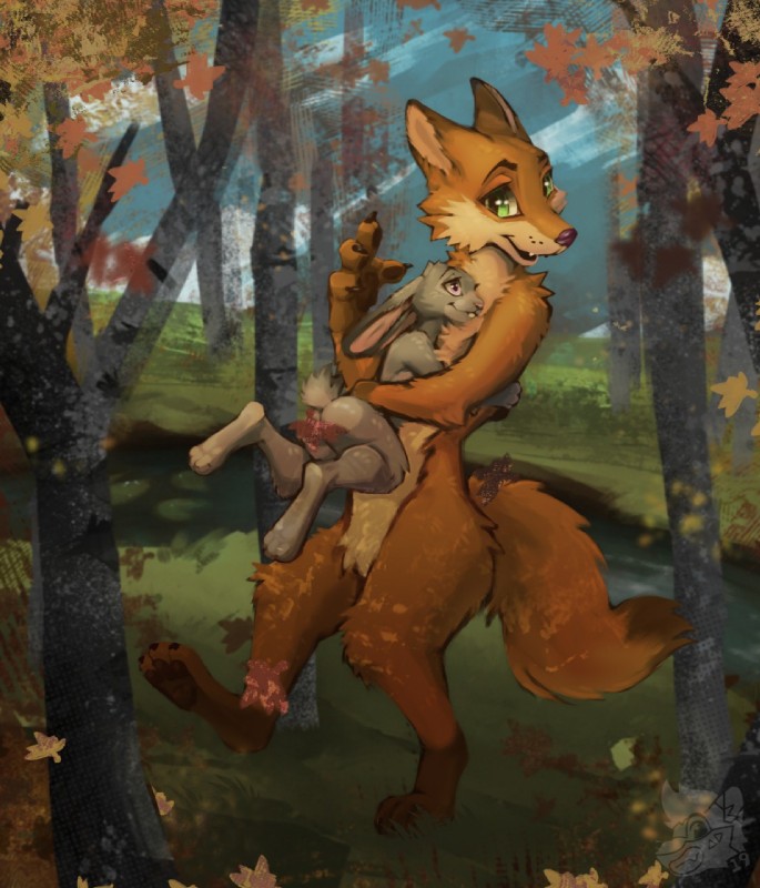 anthro arm_tuft black_nose buckteeth butt cheek_tuft chest_tuft convenient_censorship crotch_tuft detailed_background dipstick_tail duo facial_tuft featureless_crotch female fluffy fluffy_tail forest fur green_eyes grey_body grey_fur hug knee_tuft larger_male leaf leg_markings leg_tuft looking_at_another male markings multicolored_tail nude outside pawpads pink_nose plant purple_eyes scut_tail short_tail shoulder_tuft size_difference sky smaller_female smile socks_(marking) tail tail_markings tan_body tan_fur teeth tree tuft shikokubo disney zootopia judy_hopps nick_wilde canid canine fox lagomorph leporid mammal rabbit red_fox true_fox 2019 detailed hi_res