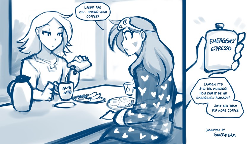 ambiguous_gender bacon beverage breakfast clothed clothing coffee container cup dialogue duo egg_(food) espresso_(beverage) female food furniture holding_container holding_cup holding_object meat not_furry pajamas sitting table text conditional_dnp tom_fischbach twokinds landen_(twokinds) sealeen_(twokinds) human mammal 2022 7:4 adobe_photoshop_(artwork) blue_and_white comic digital_media_(artwork) english_text hi_res monochrome sketch