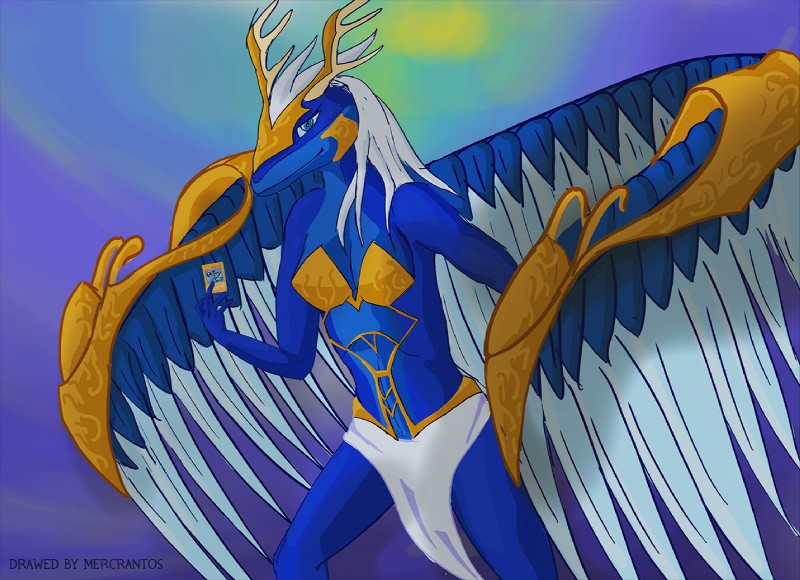 antlers blue_eyes bottomwear card clothing feathers female hair horn loincloth looking_at_viewer white_hair wings mercrantos konami mythology yu-gi-oh! saffira_queen_of_dragons dragon duel_monster feathered_dragon feathered_scalie mythological_creature mythological_scalie scalie