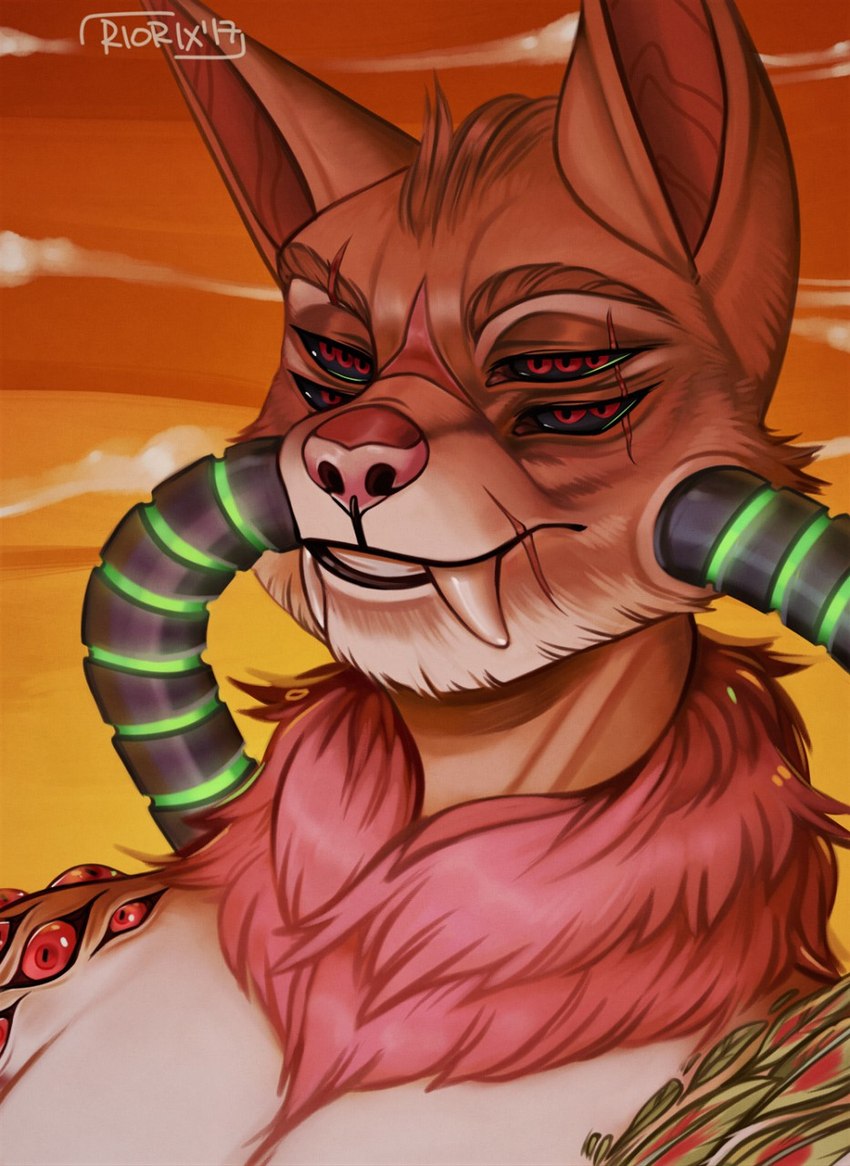 4_eyes anthro black_sclera body_horror cheek_tuft chest_tuft eye_scar facial_scar facial_tuft fangs female fur head_tuft multi_eye multi_pupil narrowed_eyes neck_tuft nude orange_body orange_fur red_eyes scar simple_background smile solo teeth tuft riorix species_request 2017 bust_portrait dated hi_res portrait signature