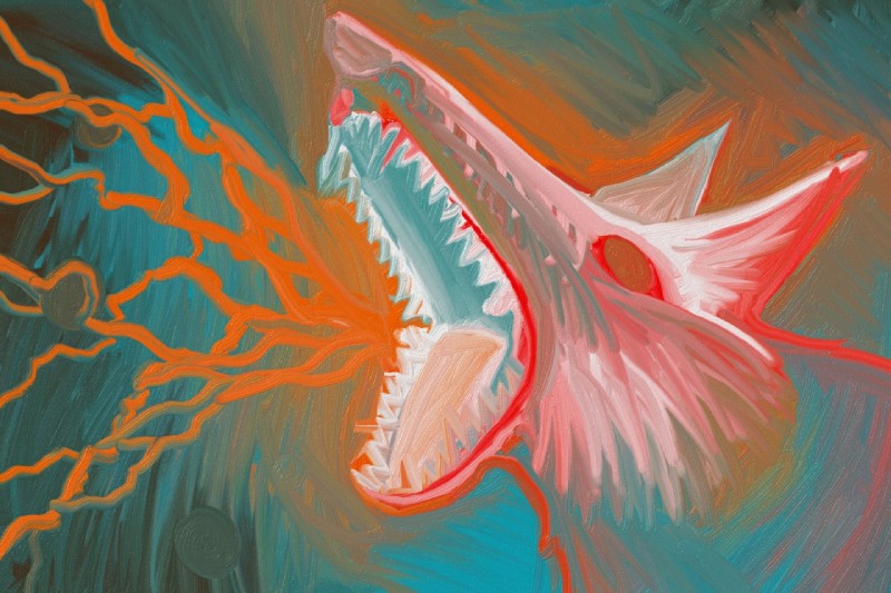 abstract_art abstract_background ambiguous_gender creepy electricity fur insane lightning madness simple_background solo teeth zvxtriad canid canine canis mammal wolf 2015 green_theme orange_theme red_theme