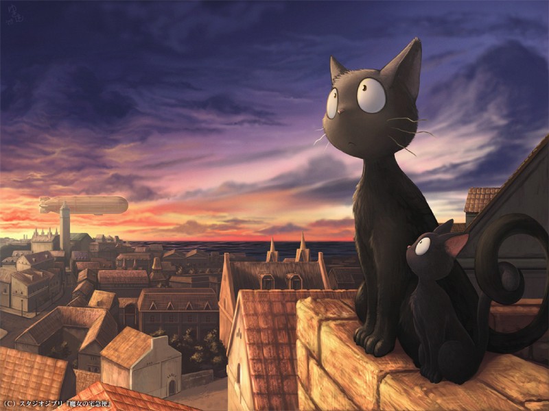 aircraft airship ambiguous_gender black_body black_fur city clock clock_tower cloud detailed_background duo feral fur looking_up on_roof outside rooftop sea size_difference sunset tail vehicle water whiskers yukiman ghibli kiki's_delivery_service jiji_(kds) domestic_cat felid feline felis mammal 4:3