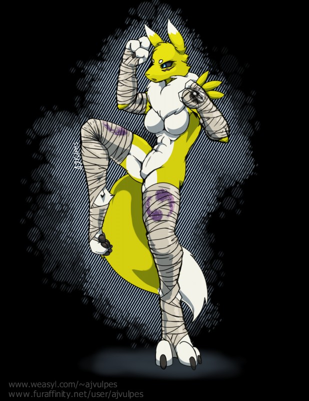 anthro belly black_sclera blue_eyes breasts featureless_breasts featureless_crotch female fluffy fluffy_tail fur martial_arts multicolored_body multicolored_fur neck_tuft nude on_one_leg pose simple_background solo standing tail text transparent_background tuft two_tone_body two_tone_fur white_belly white_body white_fur wraps yellow_body yellow_fur yin_yang ajvulpes bandai_namco digimon canid canine digimon_(species) mammal renamon absurd_res alpha_channel hi_res url