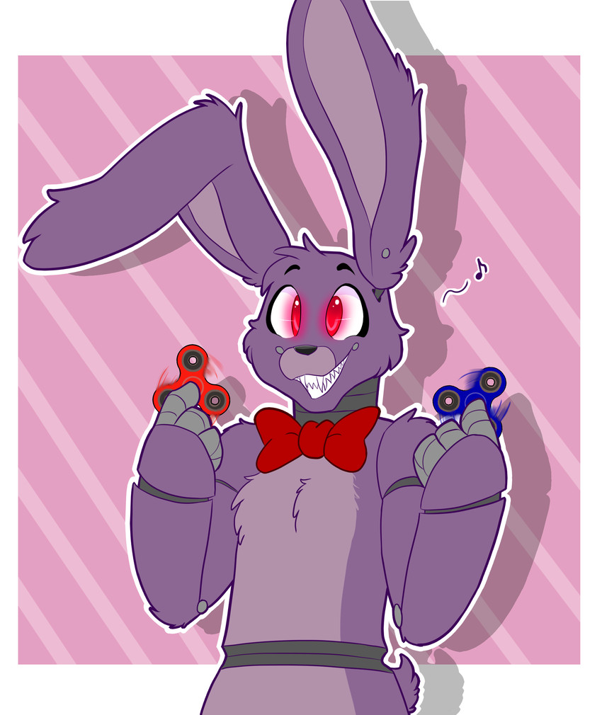 4_fingers anthro bow_tie eyebrows fidget_spinner fingers fur glowing glowing_eyes grey_body head_tuft long_ears machine male musical_note musical_symbol purple_body purple_fur purple_inner_ear red_eyes sharp_teeth small_tail smile solo standing symbol tail teeth tuft cynicalsonata five_nights_at_freddy's scottgames bonnie_(fnaf) animatronic lagomorph leporid mammal rabbit robot 2018 hi_res meme