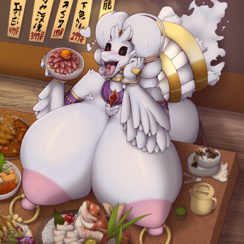 anthro areola big_breasts breast_rest breasts chopsticks detailed_food eating eating_food female food food_in_mouth fried_food huge_breasts hyper hyper_breasts kitchen_utensils meat nipple_piercing nipples piercing pink_areola pink_nipples plate restaurant sashimi tempura text thick_thighs tongue tongue_out tools white_body expand-blurples nintendo pokemon epiphany_(expand-blurples) generation_5_pokemon legendary_pokemon pokemon_(species) red_snapper reshiram shiny_pokemon 1:1 detailed hi_res japanese_text