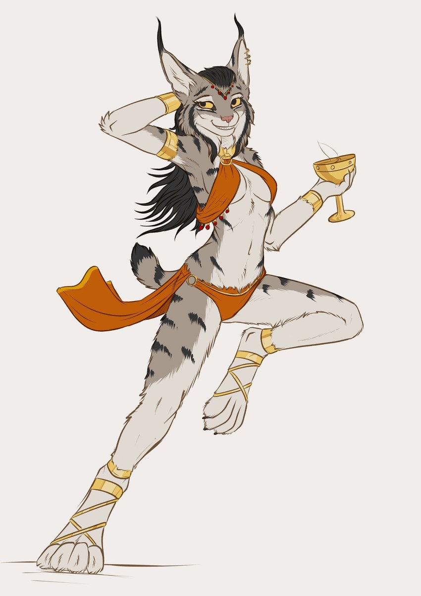 anthro armring black_hair container cup ear_piercing ear_ring female golden_collar hair piercing ring_piercing smile solo standing yellow_eyes spectronic mira_(spectronic) felid feline lynx mammal absurd_res hi_res