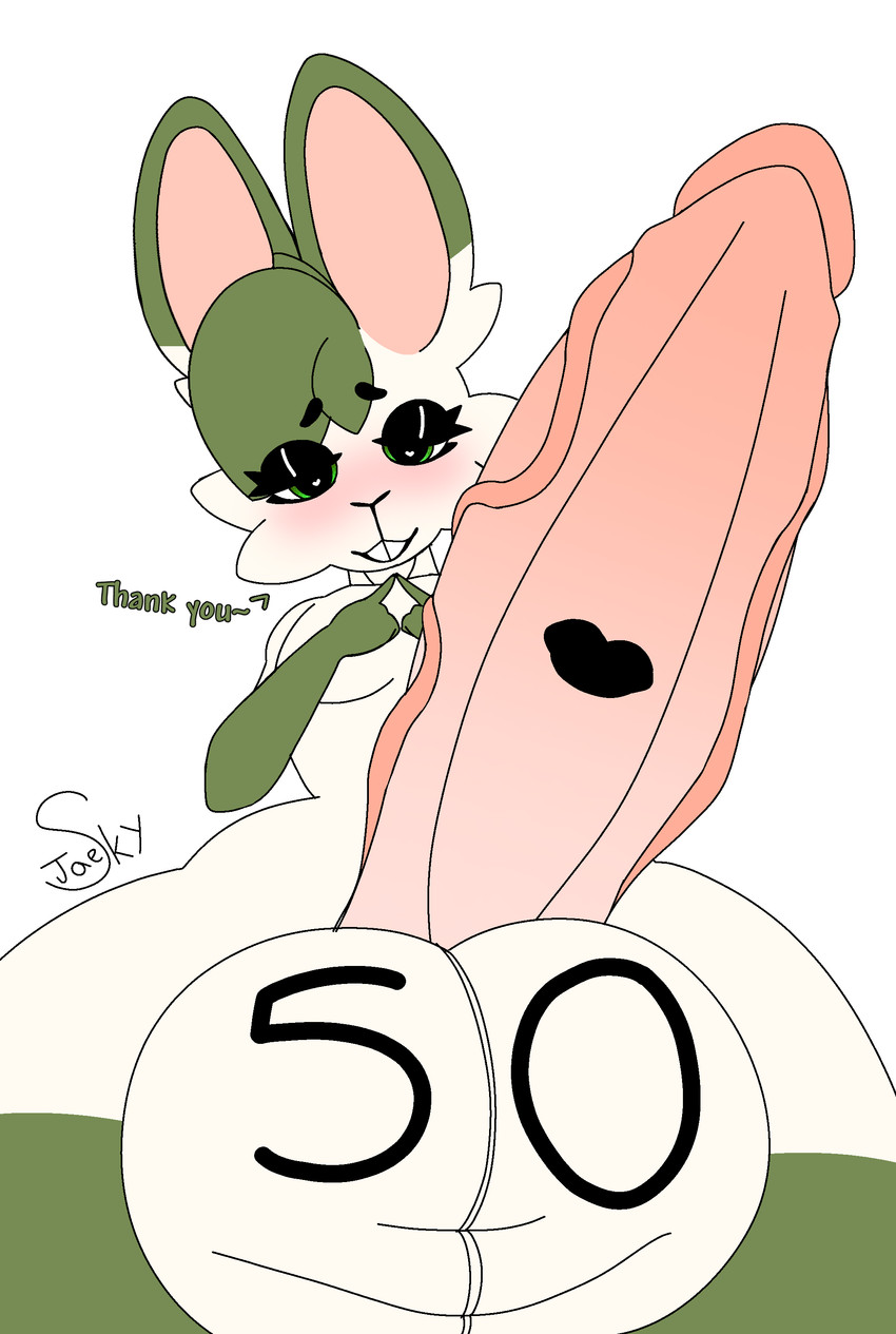 anthro balls big_balls big_penis eyeshadow femboy genital_focus genitals glans green_body green_eyes green_hair hair huge_balls huge_penis humanoid_genitalia humanoid_penis kiss_mark makeup male penis penis_focus solo jaeskyyward lagomorph leporid mammal rabbit absurd_res hi_res milestone_celebration