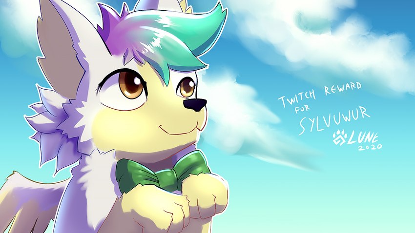 ambiguous_gender black_nose bow_tie brown_eyes cloud green_bow_tie green_hair hair multicolored_hair outside purple_hair sky solo text two_tone_hair lunesnowtail canid canine mammal 16:9 2020 dated digital_media_(artwork) english_text shaded widescreen