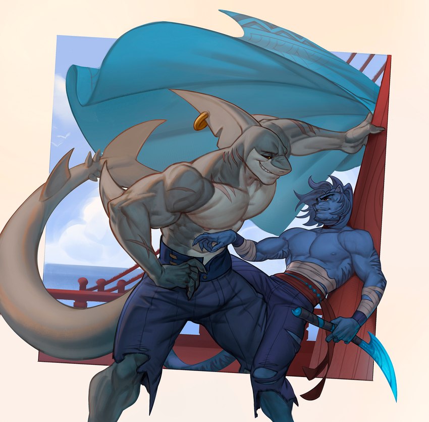 abs anthro beard biceps billowing_cape blue_body bulge cape clothing cloud duo elbow_fin facial_hair fin fin_piercing fin_scar furgonomics furry-specific_piercing gills grey_body hair kabedon leaning leaning_forward leaning_on_wall male male/male melee_weapon muscular muscular_anthro muscular_male neckwear nipples outside pecs piercing red_eyes scar sea ship smile smirk standing stripes sword tail tail_fin torn_clothing vehicle water watercraft weapon whiskers white_body wrappings yellow_eyes edvardiko ed_(edvardiko) kuyo_(arcadegig) felid feline fish mammal marine shark absurd_res digital_drawing_(artwork) digital_media_(artwork) hi_res